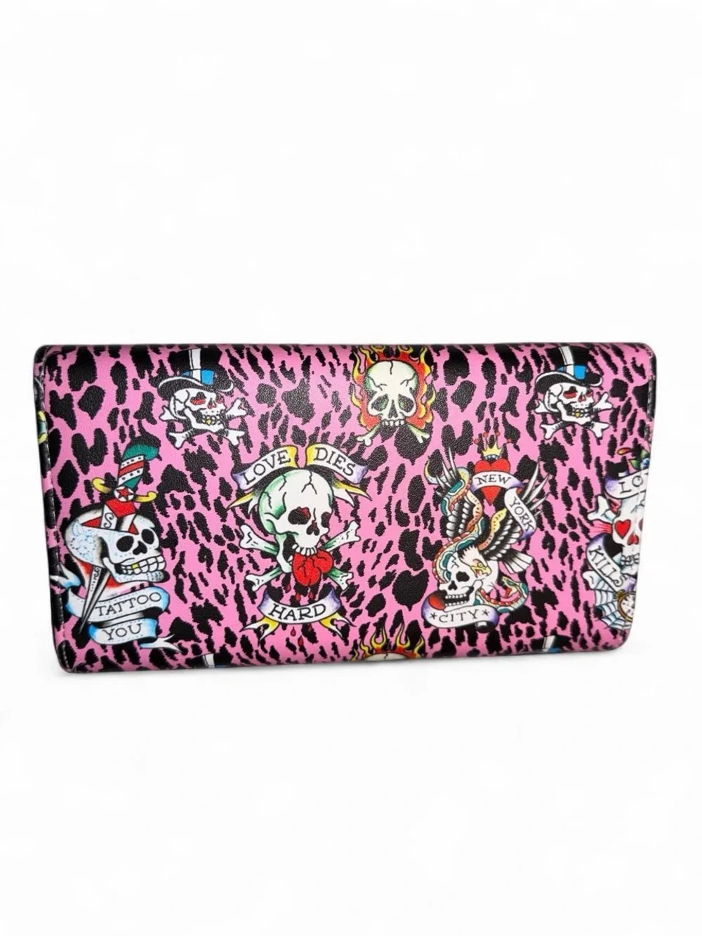 Ed Hardy Pink Tattoo-Print Foldover Wristlet Clutch